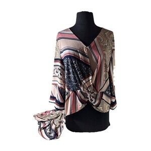 SoHo Twist Front High/low blouse Pink And Blue Pattern Size Large